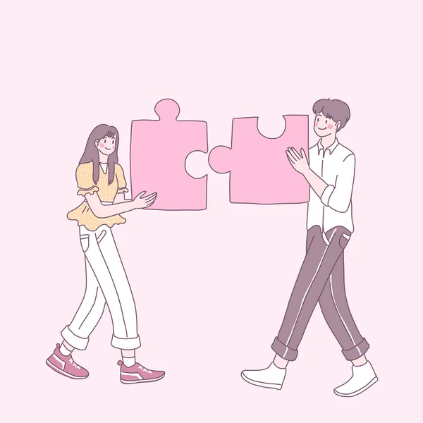 Les Jeunes Qui Construisent Des Puzzles Pour Réaliser Leur Amour — Image vectorielle