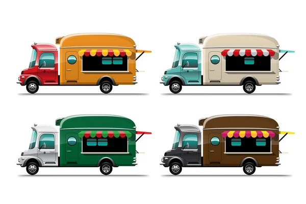 Set Von Food Truck Streetfood Und Fastfood Lieferung Buntes Design — Stockvektor