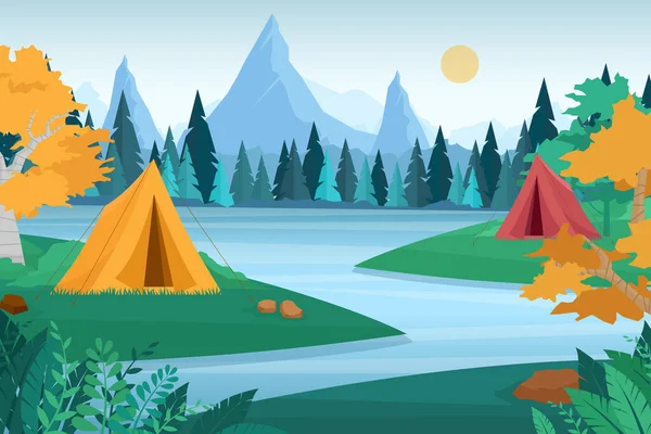 户外自然探险野营病媒图解 卡通平面旅游营 森林中设有野餐点和帐篷 背景为山地景观 — 图库矢量图片