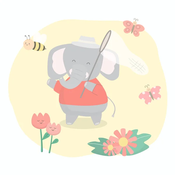 Elefante Persigue Captura Abejas Mariposas Jardín Flores Con Una Red — Vector de stock