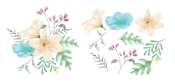 Uppsättning Blommor Målade Med Akvareller Att Åtfölja Olika Kort Och — Stock vektor