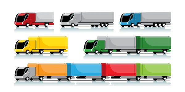Set Med Högteknologisk Lastbil Och Släpvagn Modern Stil Skillnader Färger — Stock vektor
