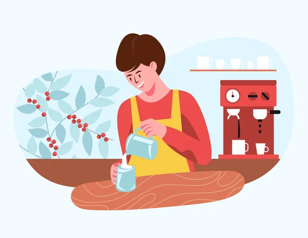 Barista Προετοιμασία Lattes Καφέ Για Τους Πελάτες Που Έρχονται Αγοράσουν — Διανυσματικό Αρχείο