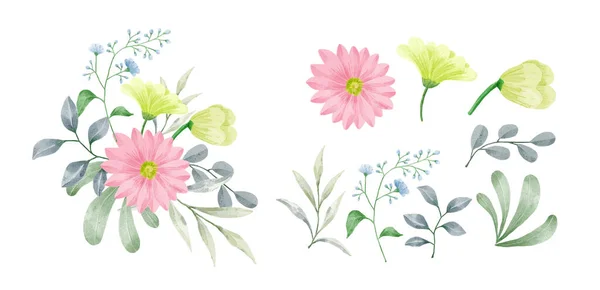 Ein Satz Blumen Mit Aquarellen Bemalt Verschiedene Karten Und Grußkarten — Stockvektor