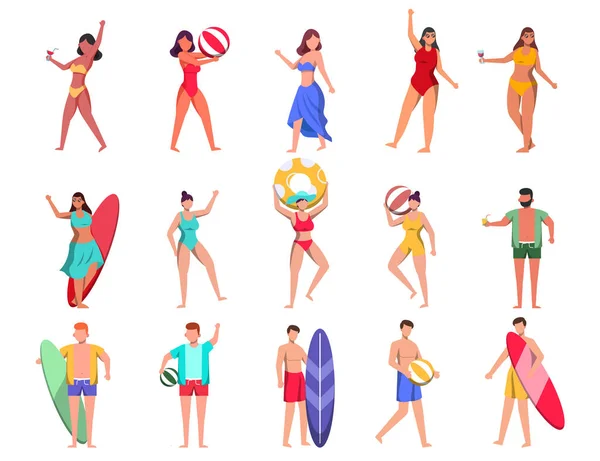 Bundle Female Characters Bathing Suits Poses Assets White Background Vector — Stock Vector