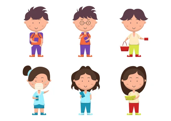 Conjunto Niños Niñas Lindo Personaje Dibujos Animados Con Diferentes Acciones — Vector de stock