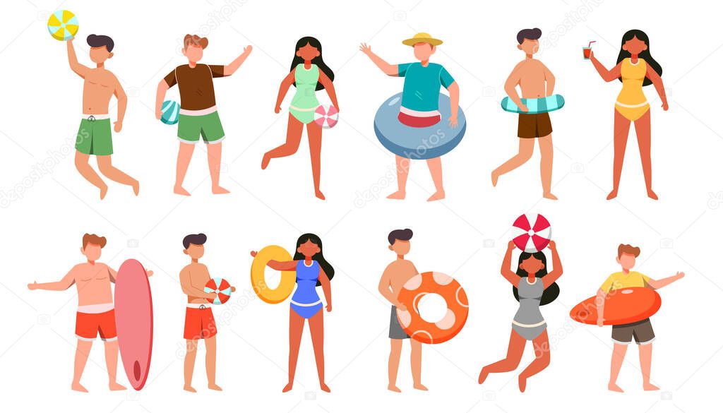 A bundle of 12 male and female characters in bathing suits and poses with assets in a white background. vector illustration flat design