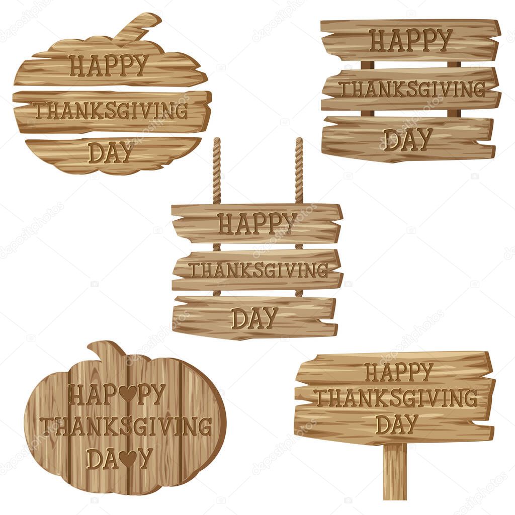 Text Happy Thanksgiving Day  with variety of wooden signs