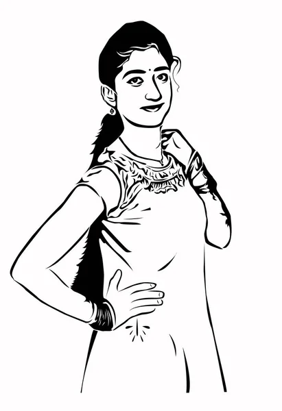 Indian Girl Traditionele Look Vector Lijn Kunst — Stockvector