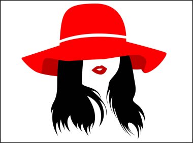 Yüzü yarı kapalı kırmızı şapkalı ve dudaklı kadın - vektör çizimi