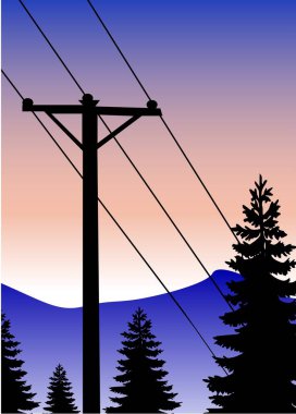 Elektrik direğinin, dağların ve arka planda serin ağaçların vektör manzarası