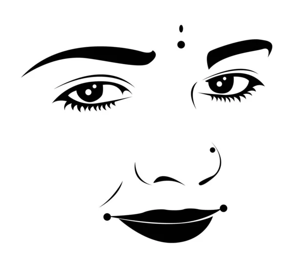 Лицо Индийской Женщины Традиционным Невинным Взглядом Черно Белый Векторный Рисунок — стоковый вектор