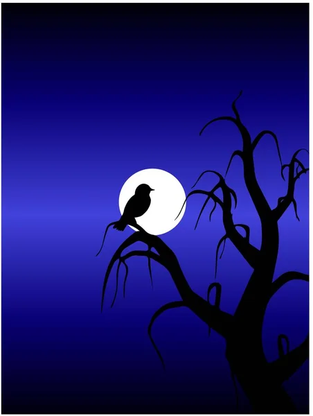 Ландшафтный Вектор Сухим Деревом Птицей Белой Луной Темно Синем Фоне — стоковый вектор