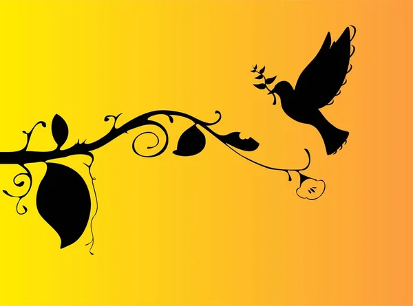 黄色とオレンジの背景に枝と飛行鳩の風景デザイン ベクトル図 — ストックベクタ