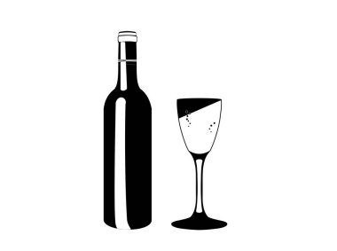 Silüet şişe ve bir bardak şarap. Beyaz arkaplanda simge izole edildi