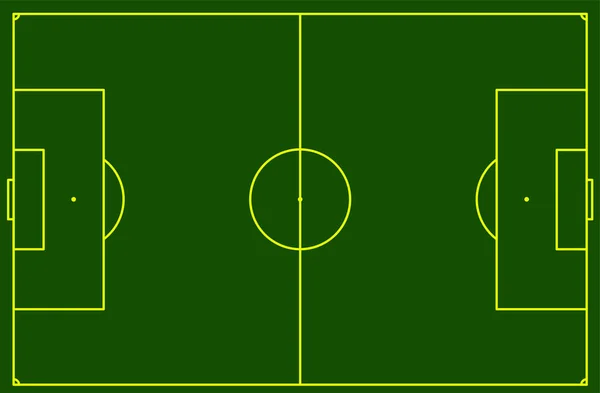 Fotboll Eller Fotbollsplan Ritad Med Gula Linjer Med Mörkgrön Bakgrund — Stock vektor