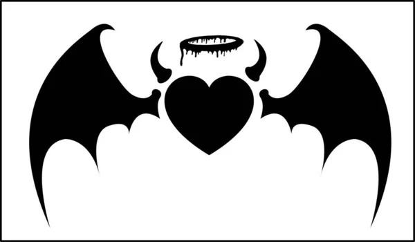 Angle Heart Has Horns Devil Wings Black White Vector Illustration — Stock Vector