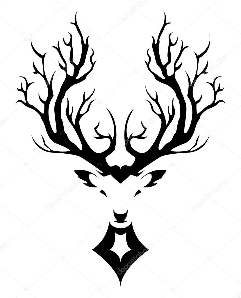 Black and white Vector Illustration of a Whitetail Deer Head.