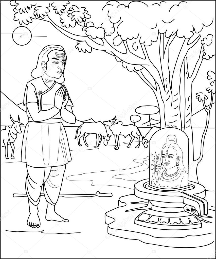 Worshipping Lord Shiva - Vector line Art