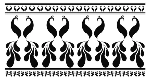 印度传统和文化的萨里边疆设计理念 两只孔雀在白色背景下相互独立地跳舞 是无缝图案 — 图库矢量图片