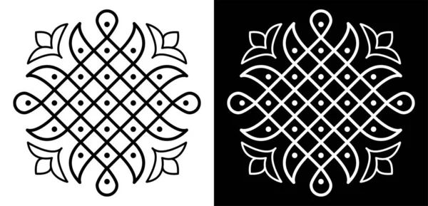 Hint Geleneksel ve Kültürel Rangoli veya Kolam tasarım kavramı siyah ve beyaz arkaplanda izole edilmiş eğri çizgiler ve noktalar - vektör illüstrasyonu