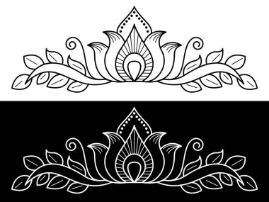 Siyah beyaz arkaplanda yaprakları, yaprakları ve spiralleri olan nilüfer çiçeği sınır tasarımı kavramı