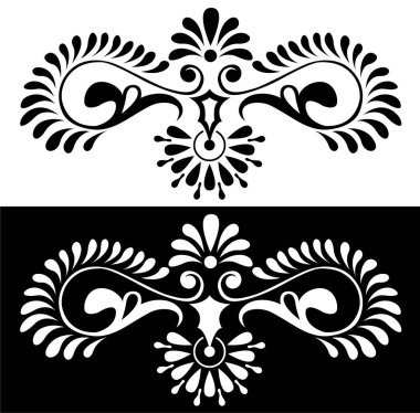 Siyah ve beyaz arka planda izole edilmiş çiçek yaprakları, daireleri ve spiralleri olan Rangoli veya Alpona sınır tasarımı konsepti - vektör illüstrasyonu