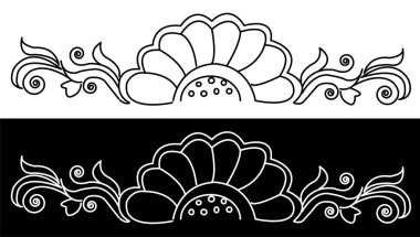 Siyah ve beyaz arka planda izole edilmiş yaprakları ve spiralleri olan nilüfer çiçeği sınır tasarımı kavramı