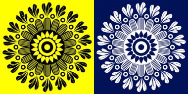 Hint Geleneksel ve Kültürel Rangoli mandala tasarım konsepti. Sarı ve mavi arka planda izole edilmiş çiçek sanatı.