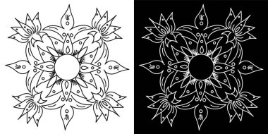 Hint geleneksel ve kültürel Rangoli mandala tasarım konsepti siyah ve beyaz arka planda izole edilmiş çiçek sanatı.