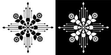 Geleneksel ve kültürel Hint Rangoli mandala çiçek deseni konsepti siyah ve beyaz arka planda izole edilmiş.