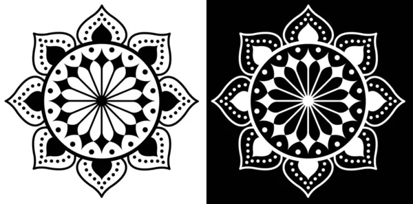 Güzel Hint geleneksel ve kültürel Rangoli Mandala tasarım konsepti siyah ve beyaz arka planda izole edilmiş taç yaprakları ve noktalar