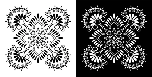 Indisches Mandala Design Mit Blütenblättern Blättern Und Spiralen Auf Schwarzem — Stockvektor