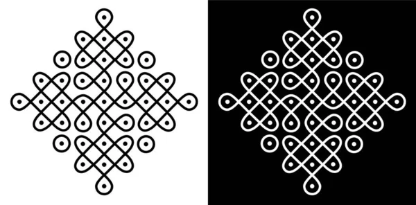 Hint Geleneksel ve Kültürel Rangoli veya Kolam tasarım kavramı siyah ve beyaz arkaplanda izole edilmiş eğri çizgiler ve noktalar - vektör illüstrasyonu