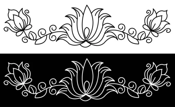 Concept Bordure Fleur Lotus Avec Des Feuilles Des Spirales Isolées — Image vectorielle