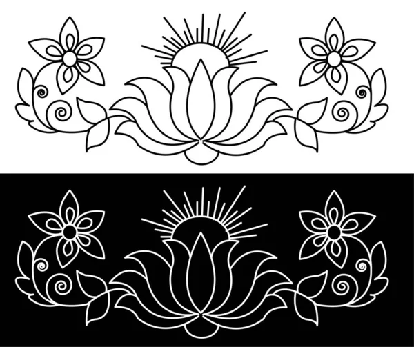 Koncepce Hraničního Designu Lotosového Květu Listy Spirálami Izolovanými Černém Bílém — Stockový vektor