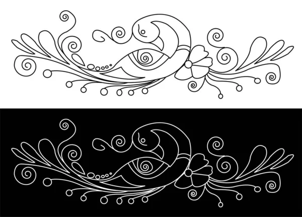 Beau Paon Avec Des Fleurs Décorées Plumes Spirales Ligne Art — Image vectorielle