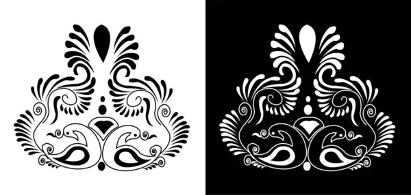 Güzel Alpona Tasarım Konsepti Tüylü Iki Tavus Kuşu Siyah Beyaz — Stok Vektör
