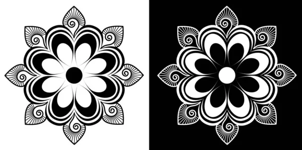 黒と白の背景に隔離された花びら 巻貝のインド文化曼荼羅のデザインコンセプト — ストックベクタ