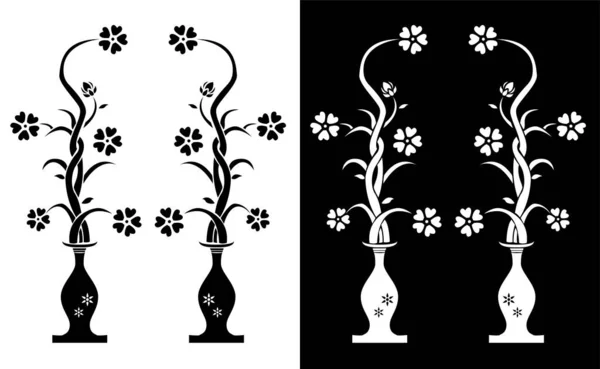 Blumenvase Mit Blumenzweig Isoliert Auf Schwarzem Und Weißem Hintergrund — Stockvektor