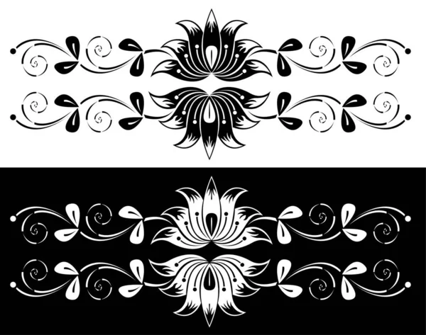 Border Design Concept Lotus Flowers Leaves Spirals Isolated Black White — Stock Vector