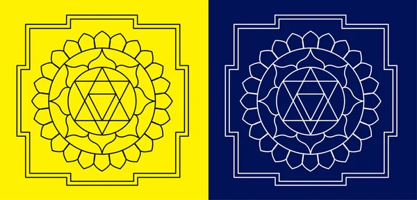 Indische Spirituelle Yantra Mandala Design Isoliert Auf Gelbem Und Blauem — Stockvektor