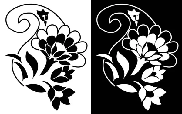 Design Paisley Floral Avec Pétales Feuilles Isolés Sur Fond Noir — Image vectorielle