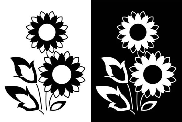 Hermosas Flores Solares Con Hojas Aisladas Sobre Fondo Blanco Negro — Archivo Imágenes Vectoriales