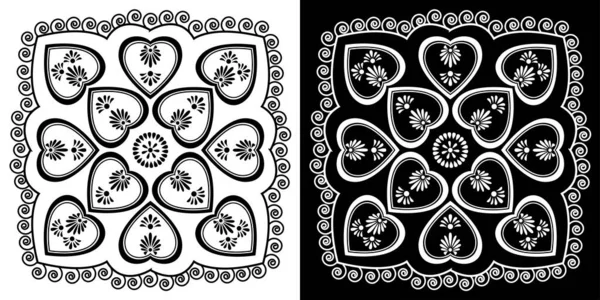 印度传统和文化的兰格莉曼达拉花纹图案的设计理念 与黑白背景隔离的爱情心形花纹 — 图库矢量图片