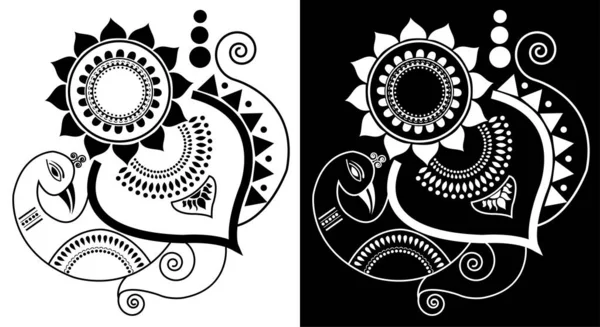 Beautiful Peacock Flower Decorated Feathers Spirals Isolated Black White Background — Stock Vector