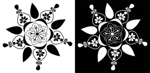 黒と白の背景に隔離された花の芸術のインドの伝統と文化ランゴリ曼荼羅のデザインコンセプト — ストックベクタ