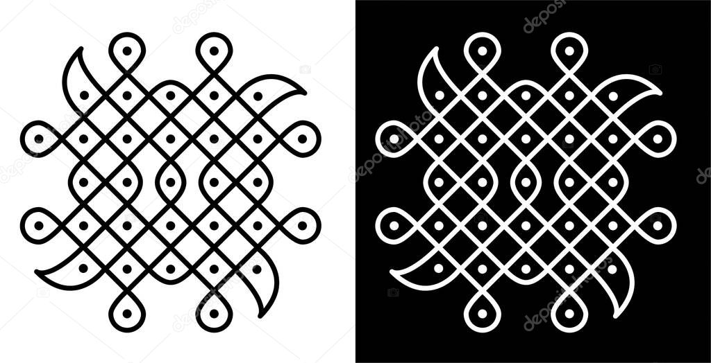 Indian Traditional and Cultural Rangoli or Kolam design concept of curved lines and dots isolated on black and white background - vector illustration