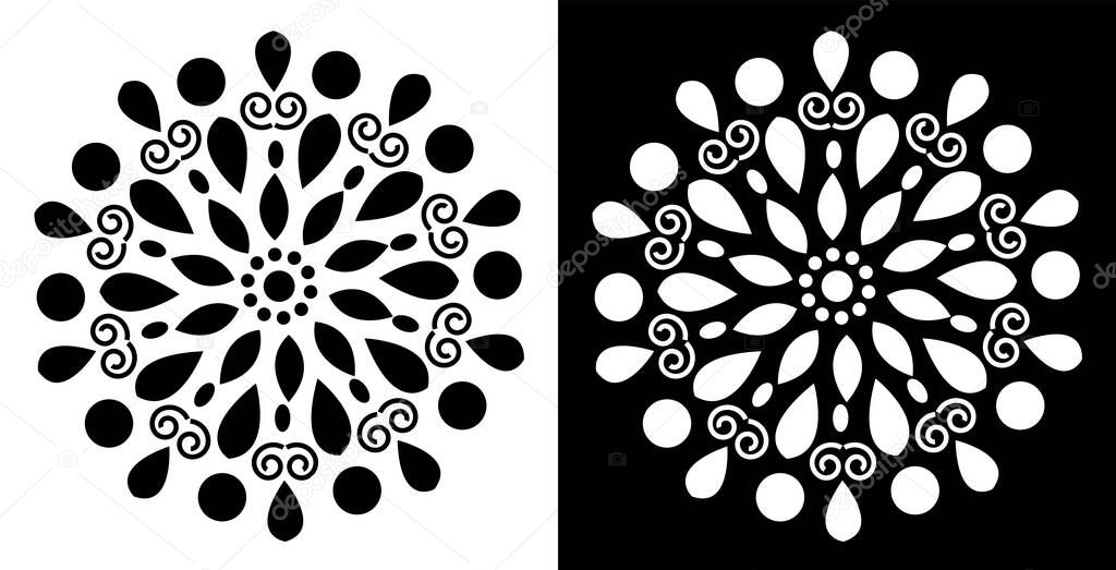 Indian Traditional and Cultural Rangoli mandala design concept of floral art isolated on black and white background