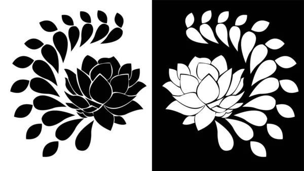 Beautiful Lotus Flower Leafy Petals Half Mandala Isolated Black White — Stock Vector